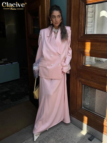Loose Pink Satin Women's Two Pieces Set Elegant Long Sleeve Blazer With High Waist Maxi Skirt Set Female
