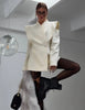 Women White Wide Shoulder Blazer Coat Chic Full Sleeve V-neck Waist Cinching Hollow Out Coats Lady Spring Autumn Outwear
