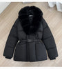 Winter Women Short Puffer Jacket Faux Fur Lapel Collar Waist Belt Design Solid Color Warm Elegant Daily Ladies Outerwear