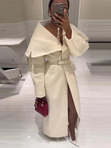 Shawl Collar Belted Waist Woolen Coat Maxi Length Metal Buckle Autumn Elegant Women Overcoat Formal Party Vintage Lady Robe