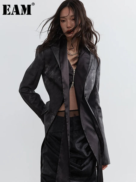 Women Dark Gray Pu Leather Irregular Slit Blazer Lapel Long Sleeve Jacket Tide Spring Autumn 1DH4722
