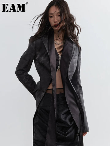 Women Dark Gray Pu Leather Irregular Slit Blazer Lapel Long Sleeve Jacket Tide Spring Autumn 1DH4722