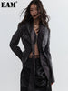 Women Dark Gray Pu Leather Irregular Slit Blazer Lapel Long Sleeve Jacket Tide Spring Autumn 1DH4722
