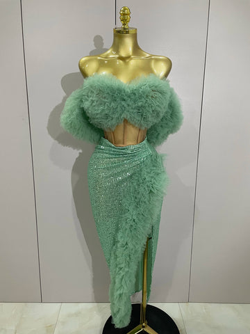 Shiny Sequins Top Short Skirt Two Pieces Set Women Sexy Celebrate Evening Prom Birthday Party Dress Nightclub Stage Outfit