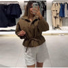 Floral Print Zip Button Stand Collar Quilted Jacket Drawstring Waist Oversized Autumn Women Coat Casual Chic Lady Outerwear