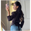 Pleated Waist Cinching Blazer Coat Women Chic Deep V-neck Full-sleeve Single Breasted Slim Coats Lady Commute Jacket