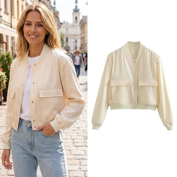 Women Solid Bomber Jackets Coat With Pockets V-Neck Single Breasted Long Sleeves Female Chic Lady Outfits
