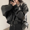 Autumn Winter Cool Black Hooded Leather Jacket Women Streetwear Y2K Fake Two Pieces Short Coat Korean PU Leather Outwear