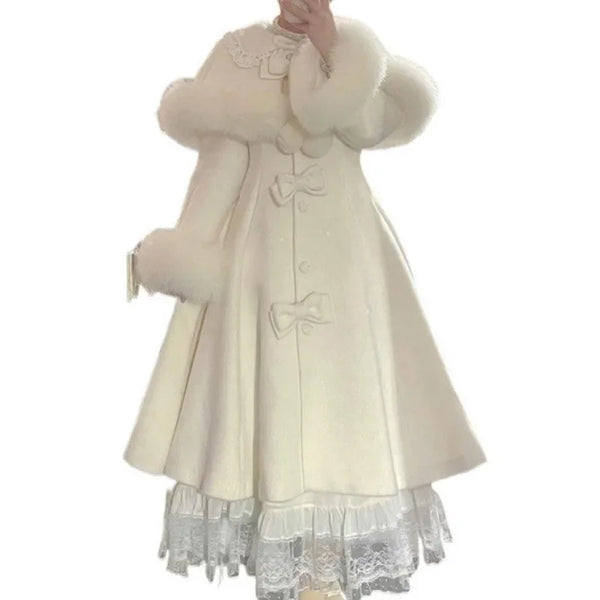 Temperament Coat Cape Shawl Two on Winter Ladies' Butterfly Bow Solid Color Medium Long Collar Coat for Women