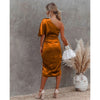 Womens Satin One Shoulder Batwing Sleeve Ruched Bodycon Midi Long Dress Asymmetrical Wrap Front Cocktail Party Dresses