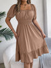 Solid Puff Sleeve Square Neck Ruched Bust Ruffle Hem Wasit Dress, Women's Clothing