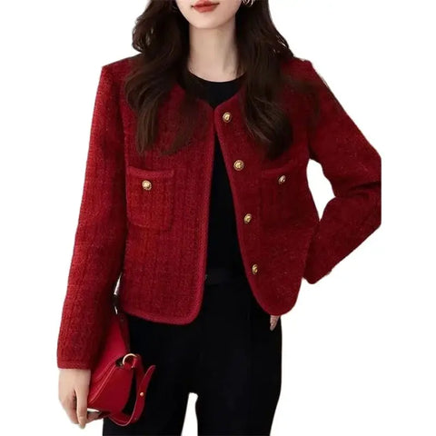 Women's Jacket Spring Autumn Red Tweed Small Fragrance Coat Short Blazers Korean Elegant Female Tops Outerwear