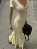 Ribbed Knit Maxi Dress For Women Deep V-Neck Slim High Slit Elegant Patchwork Commute Party Dress Women Knitwear Dress