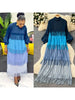 Tassel Patchwok Color Block Dress for Women Pleated Puff Sleeve Mid-calf Dresses Female Autumn