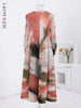 Chic Print Pleated Women's Dresses Color-block Design Round Neck Lantern Sleeves Long Dresses Spring 2AA4759