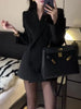 Korean Elegant Slim Fit Blazer Coat Women V-Neck Long-Sleeve Double Breasted Casual Black Coat Office Style Blazers