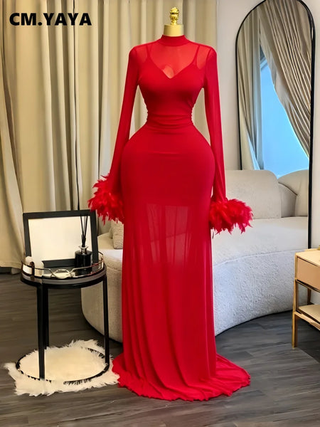 Women Feather Long Sleeve O-neck Ruched Mermaid Long Maxi Dress Street Mesh Sexy Party Cocktail Night Dresses