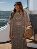 Flying Sleeve Ruffle Striped Slip Long Dress Women Elegant Square Collar Waist Cinching Pleat Party Dresses Chic Ladies Vestido