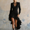 Elegant Ruffled Waist Pleat Long Dress Women's Irregular Solid Slim Party Dress Sexy V-neck Long Sleeve Wash Denim Dress