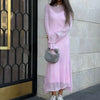 Spring Autumn O-Neck Elastic Knit Long Dresses Women Elegant Chic Soft Lady Hollowing Sweater Dresses Femme