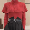 Temperament Cape Knit Two Piece Set Women V Neck Long Sleeve Pullover Sweater Stand Collar Knit Cardigan Shawl Suits