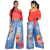 Women Fake Denim 3D floral Print Loose Wide Leg Jogger Pants Streetwear Active Hip Hop Sweatpants Trousers