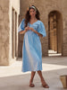 100% Cotton V-neck Waist Cinched Dress Unique Lantern Sleeve Sexy Slit Long Skirt Women's Casual Dresses