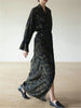 Women Silk Pendant Ink Color Midi Dress V-Neck Slim Wrapped Tie Waist Long Dresses for Ladies