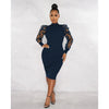 Elegant Women Floral Applique Mesh Long Sleeve Knit Ribbed Sweater Dress Autumn Winter Bodycon Dresses Vestidos