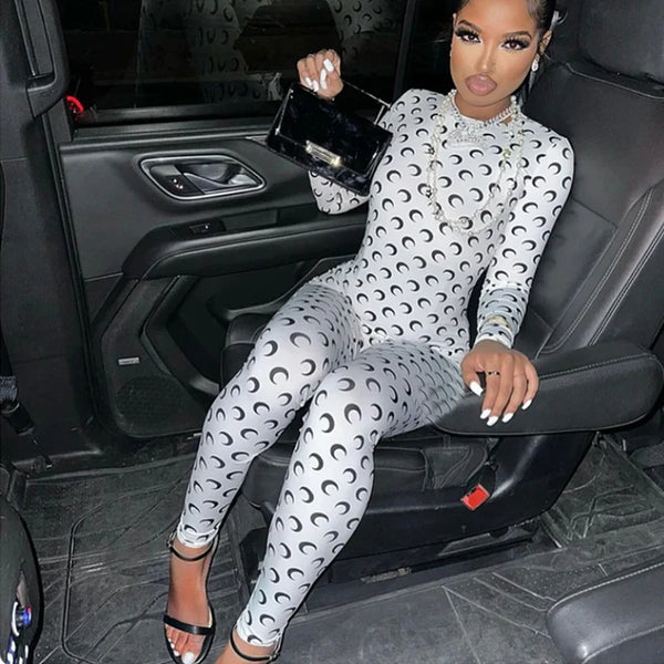 Retro Jumpsuit Women Sexy Slim Fit Moon Print Long Sleeve Tight Leggings Round Neck Versatile Casual Wear Autumn