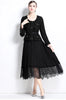 Elegant Women U Collar Long Sleeve Pleated Midi Dress Runway Spring Tweed Patchwork Chiffon Lace Trims Belt Party Vestidos