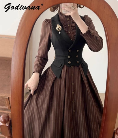 Original Retro Women's Elegant Stand Collar Long Sleeve Striped Dress Slim-fit Blazer Vest Spring and Autumn Female Dress Set