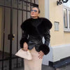 Black Faux Fur Collar Leather Jacket Elegant Lapel V-neck Waist Cinching Long-sleeved Short Coats Lady Winter Commute Coat