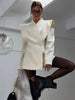 Women White Wide Shoulder Blazer Coat Chic Full Sleeve V-neck Waist Cinching Hollow Out Coats Lady Spring Autumn Outwear