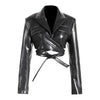 Women's Jackets Lapel Collar Slim Cross Lace Up Waist Long Sleeve PU Leather Short Coat Autumn 17A2947