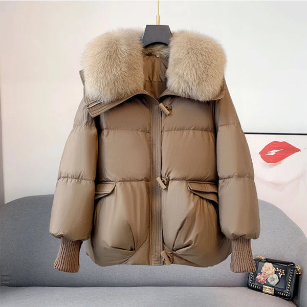 Winter Warm Goose Down Jackets Removable Fur Collar Puffer Jackets Women Thick Female Streetwear White Duck Down Jacket Coat