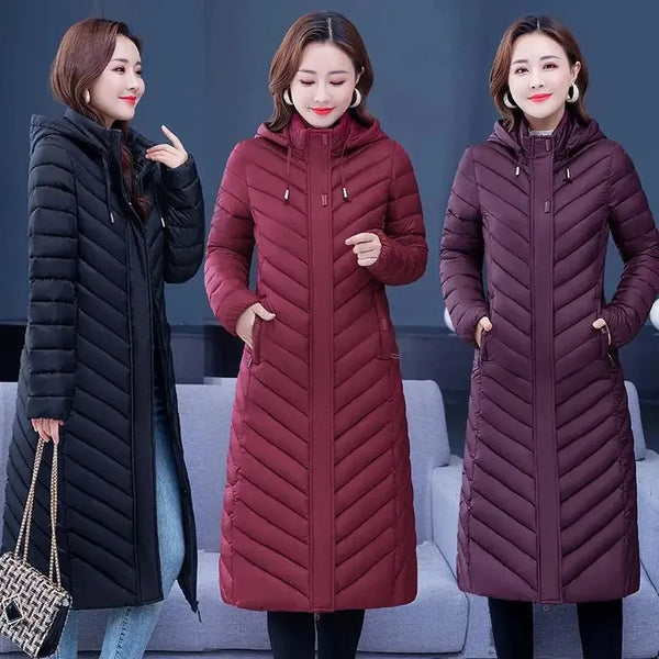 Middle-aged Womens Down Cotton Coat Winter Long Warm Quilted Cotton Jacket Female Casual Hooded Parka Overcoat Purple 5XL