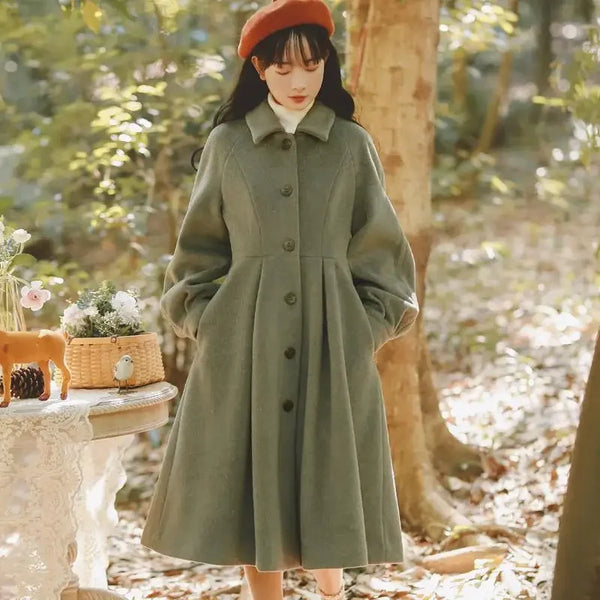 French Vintage Woolen Coats Women Autumn Winter Elegant Pleated Long Coat Female Sweet Lantern Sleeve Jackets