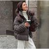 Winter Women Striped Hooded Cotton Jacket Long Sleeve Stand Zipper Buttons Thickening Padded Jackets Casual Office Lady Coat