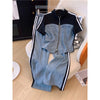 Pant Set Women Two Piece Sets Denim Splice Zipper Matching Sets Casual Coats Wide Leg Long Pants Lace Up Elastic Waist