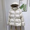 Women Belted Down Jacket with Hood Autumn Winter Warm Thick Outwear White Duck Down Casual Coat