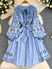 Women's Dress Spring Vintage Embroidery Lace-up O-Neck Versatile Loose Bandage Waist A-line Mid-length Vestidos DS354