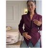 Pleated Waist Cinching Blazer Coat Women Chic Deep V-neck Full-sleeve Single Breasted Slim Coats Lady Commute Jacket