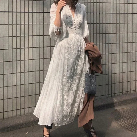 White Floral Embroidery Maxi Dress Vintage Boho Long Lantern Sleeve Dress Women V-neck Holiday Sexy Ladies Dresses