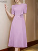 Elegant Chic Fabric Flower Womens Midi Dresses O-Neck Short Puff Sleeve Fitted Waist A-Line Dress S-3XL