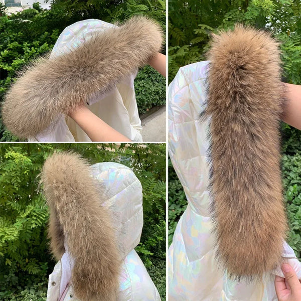 Real Fur Collar for Coat Parkas Women Winter Natural Raccoon Fur Scarf for Jacket Warm Furry Hood Trim with Buttons