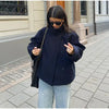 Woolen Dark Blue Jacket Women Autumn Single Breasted Stand Collar Loose Female Coat Office Lady Street Short Outwear Tops
