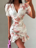 Sexy Flora Painted Ruffle Slim Dress Women Chic Full Sleeves Deep V-neck A-line Short Dresses Lady Night Club Street Gowns
