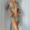 Sexy Sequined Knitted Sweater Party Dresses 3 Piece Skirt Sets Womens Outfits Flare Long Sleeve See Through Clue Wear Dress