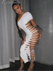 Sexy Solid Hollow Out Bodycon Dress Women One-shoulder Elegant A-line Belted Fit-and-flare Vestidos Lady Light Social Gowns